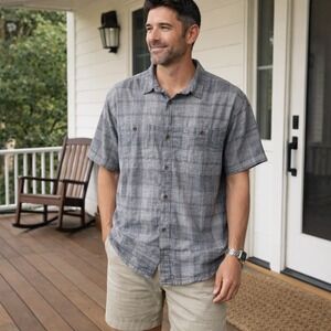 Patagonia Men's Plaid Button Short Sleeve Shirt Blue/Grey Organic Cotton Hemp XL